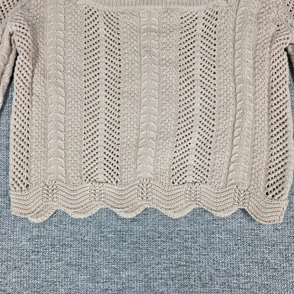 PINK ROSE WOMEN'S CROPPED KNIT SWEATER SIZE SMALL BEIGE TEXTURED CABLE OPENWORK